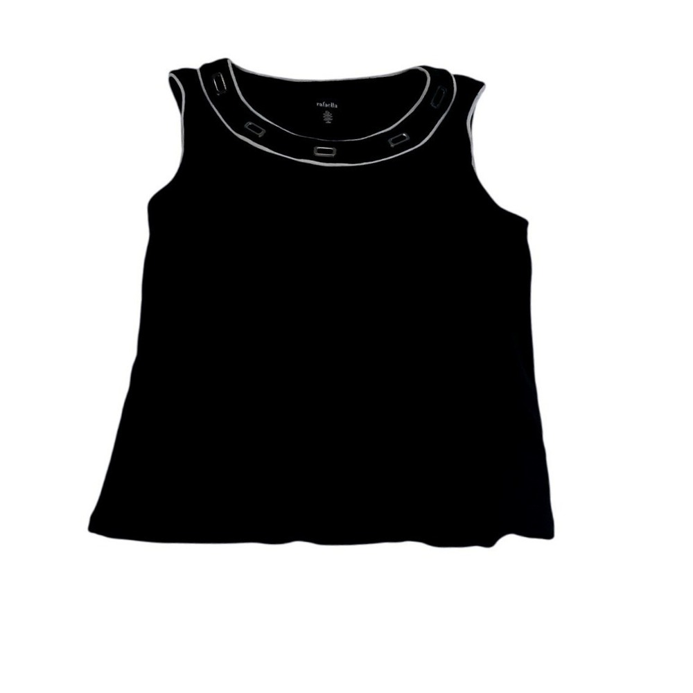 Rafaella Black Scoop Neck Sleeveless Cotton Knit Top with White Grommets - Med